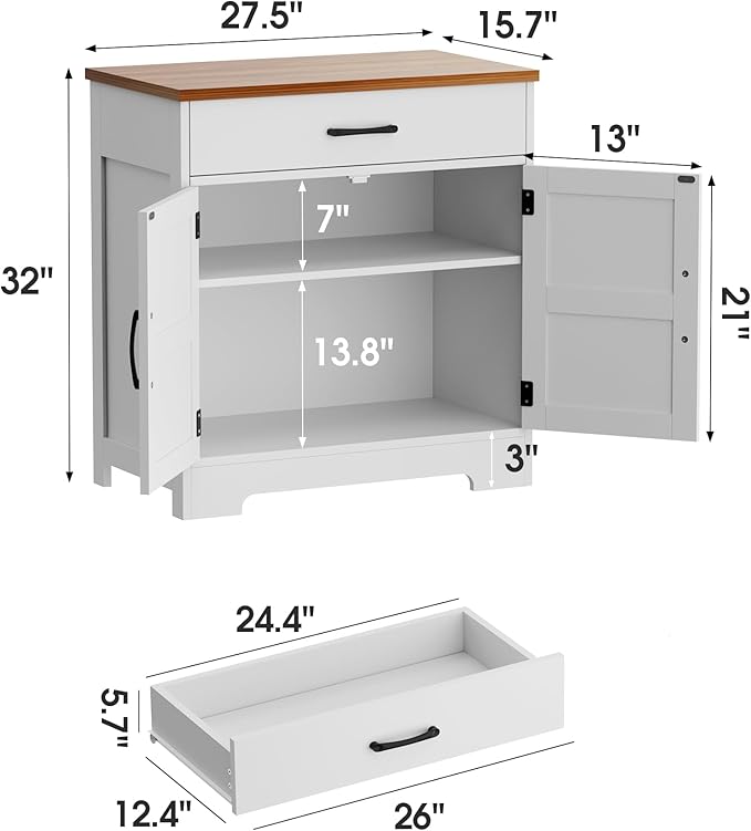 Onelike Modern Sideboard Buffet Cabinet with Storage, Farmhouse Kitchen Cabinet Buffet Table with Doors and Drawers, for Dining Room, White, 30"