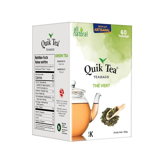 QuikTea Green Tea Bags - 60 Count - All Natural, Preservative Free - Non-GMO - Easy To Brew Green Tea Bags