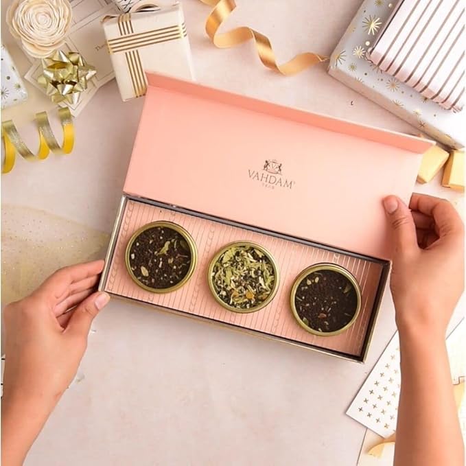 VAHDAM, BLUSH - Assorted Christmas Tea Gift Set for Women (3 Premium Teas) Tin Caddy Presentation Box | Loose Leaf Teas | Gluten Free & Non GMO | Gifts for Her | Holiday Tea