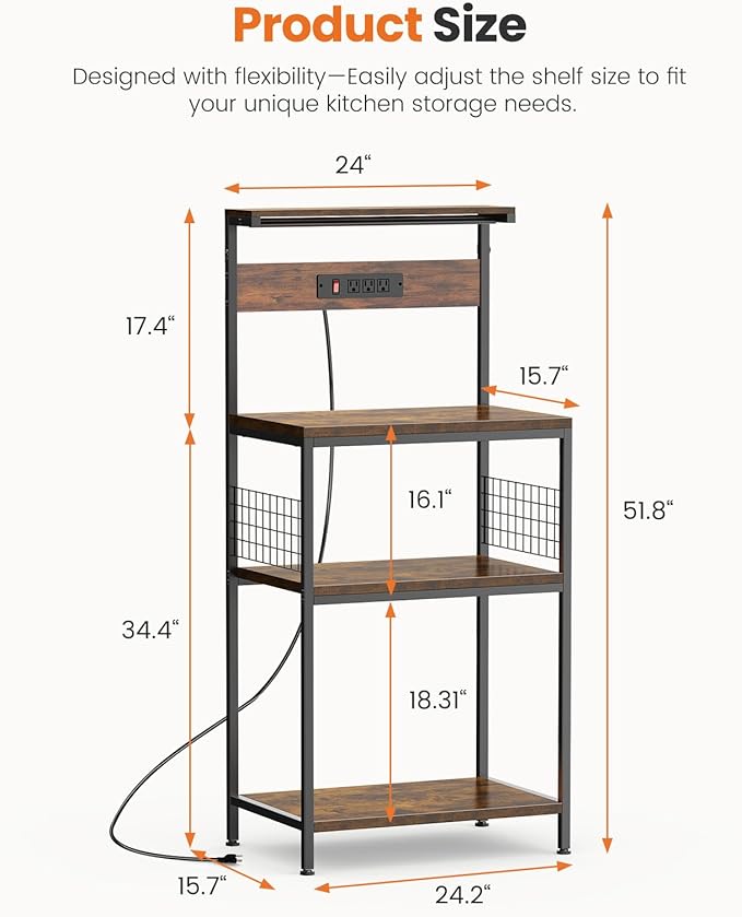 Sweetcrispy Kitchen Bakers Rack with Power Outlet, Coffee Bar Table 4 Tiers, Microwave Oven Stand Station, Adjustable Storage Shelf Freestanding Appliance Organizer - 24 Inch, Rustic Brown
