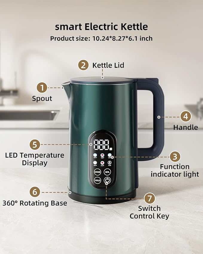 Electric Kettle temperature control 1.7-liter stainless steel kettle,Five Temperature Control Modes,Two-hour heat retention,Green