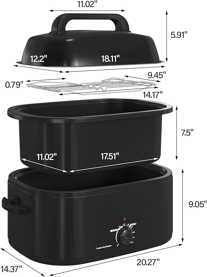 Royalcraft Roaster Oven with Self-Basting Lid, 24qt Electric Roaster with Removable Pan & Rack, Turkey Roaster Oven with Defrost & Warm Function, Stainless Steel, Black