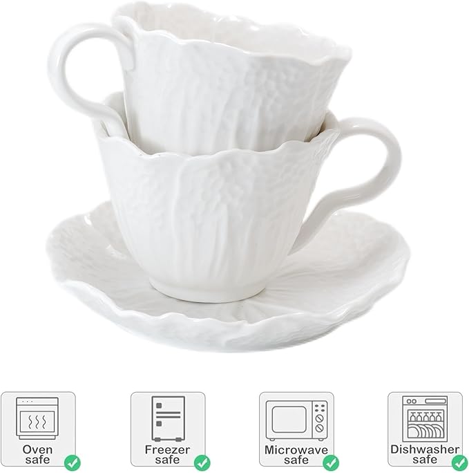 2 Pack White Ceramic Cups and Saucers Coffee Cups with Cabbage Floral Design 200ml (7 oz) Tea Cups for Espresso, Latte, Porcelain Mugs