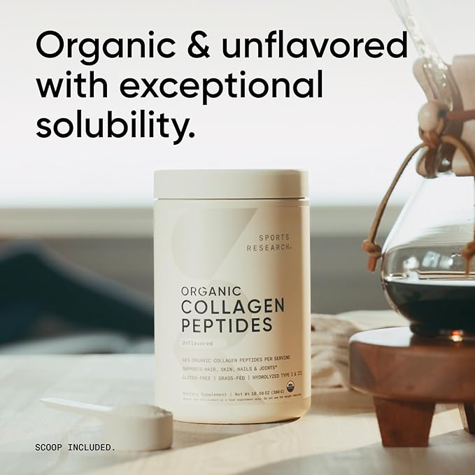 Sports Research® Organic Collagen Peptides - Hydrolyzed Type I & III Collagen Protein Powder Made Sustainably from Grass-Fed Cows - USDA Organic· Non-GMO · Gluten Free - Unflavored, 30 Servings