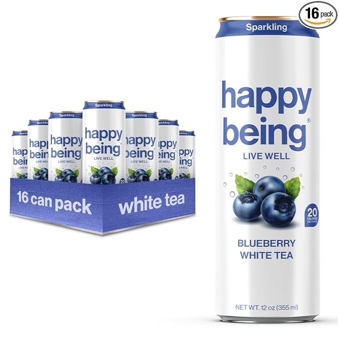 Happy Being Sparkling Nutrient-Rich Blueberry White Tea – Infused with Turmeric, Elderberry, Vitamin D3, Caffeine Free, Plant-Based, Low Calorie & Low Sugar Drinks, 12oz (16 Pack)