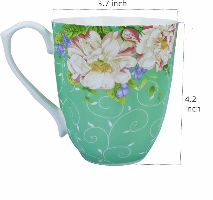 14oz Bone China Coffee Mugs for Women Floral Coffee Mug Tea Cups Novetly Coffee Cups Gift for Women Mom Friends (Green Magnolia)
