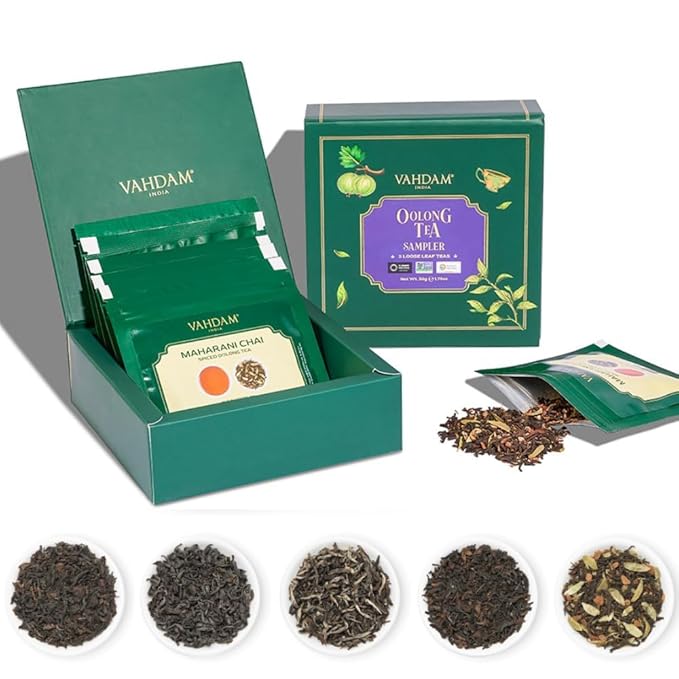 VAHDAM Assorted Oolong Tea Sampler Gift Set (5 Flavors) – Gluten-Free, Non-GMO | 5 Unblended Loose Leaf Teas | Tea Variety Pack | Christmas Tea Gift Set