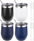 12 oz Insulated Wine Tumbler with Lid and Straw,Stainless Steel Stemless Wine Tumbler Double Wall Vacuum Wine Cups Tumbler Bulk for Coffee,Champaign,Cocktail,Office(Black/White/Navy blue/Dark blue)