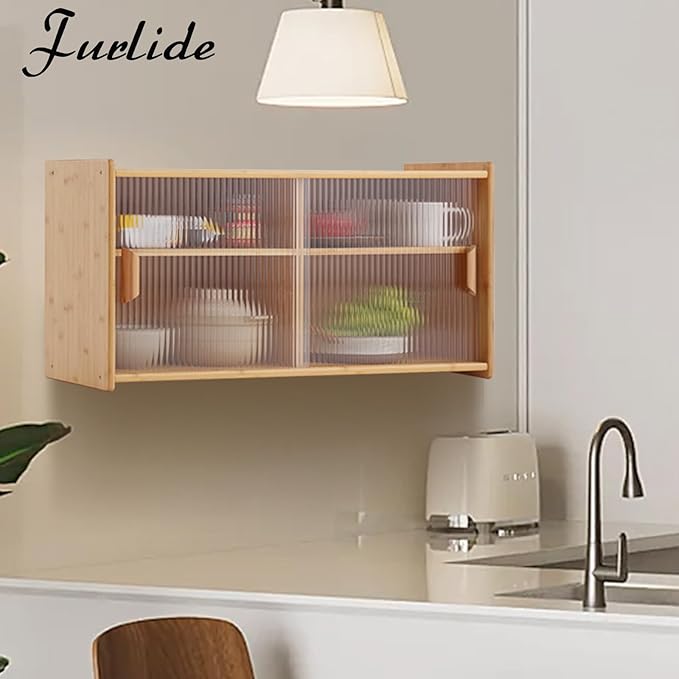 Wall Mounted Bamboo Countertop Storage Cabinet with Glass Door, Hanging Kitchen Cupboard with Adjustable Shelves, Small Pantry Sideboard for Dining Room, Bathroom, Wood