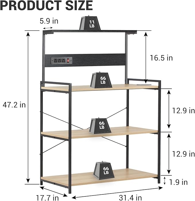 4-Tier Kitchen Baker's Rack with Power Outlet, Microwave Stand and Storage Shelves, Coffee Station Organizer (White Maple and Black)