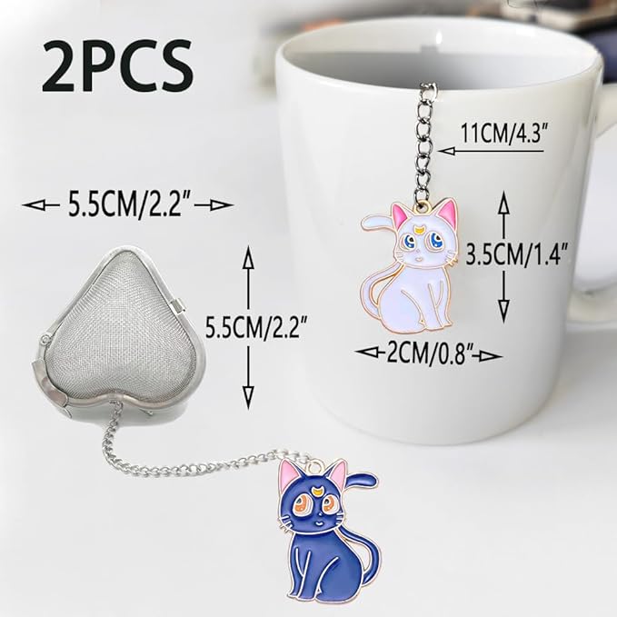2 pcs tea infuser loose tea strainer, heart shaped stainless steel loose leaf tea infuser tea ball, cute pendant tea ball set tea gifts for tea lovers women (Black Cat + White Cat)