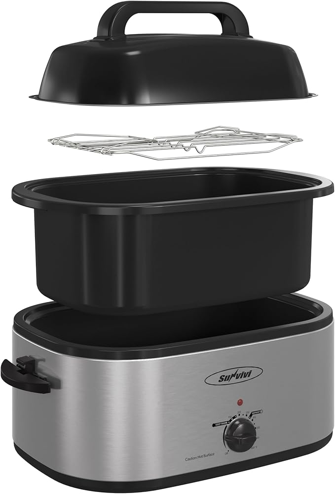 Sunvivi 28 Quart Electric Roaster Oven Turkey Roaster with Lid Electric Roasters with Removable Pan Large Roaster,Visible & Self-basting Lid, Fast Heating & Thaw/warming Setting,Silver