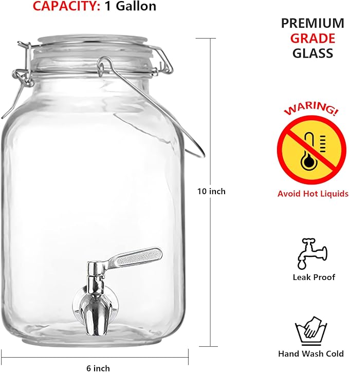 Glass Drink Dispenser for Parties, 1 Gallon Beverage Dispenser with Spigot and handle,Glass Water Dispenser, Juice Dispensers for Fridge, Lemonade & Laundry Detergent Dispenser (1Pack)