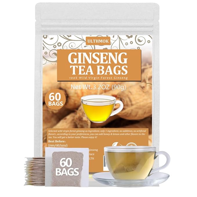 Premium 60 Ginseng Tea Bags, Made with Pure 100% Natural Wild Ginseng Root, Energizing & Immune Support, No Artificial Flavors & Caffeine Free.