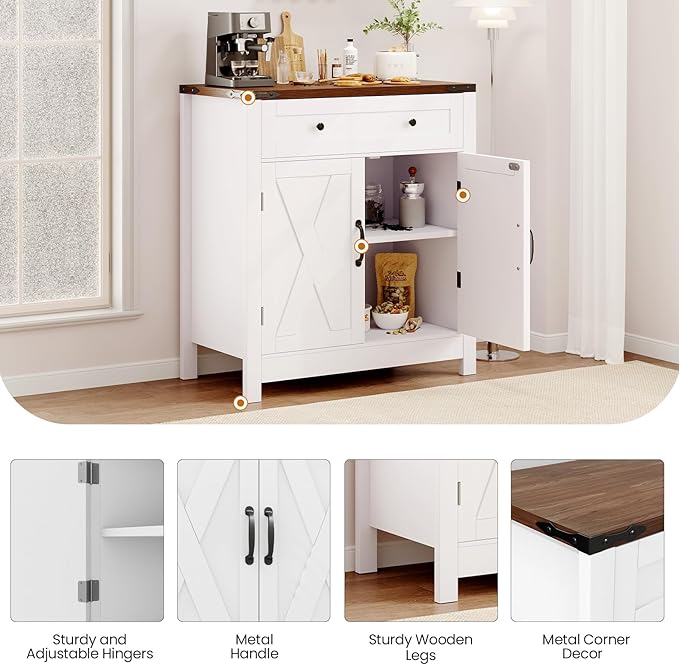 30" Coffee Bar Station, Kitchen Sideboard Buffet Cabinet with a Drawer and Adjustable Shelf, Modern Farmhouse Storage Cabinet for Kitchen, Living Room, Entryway, White