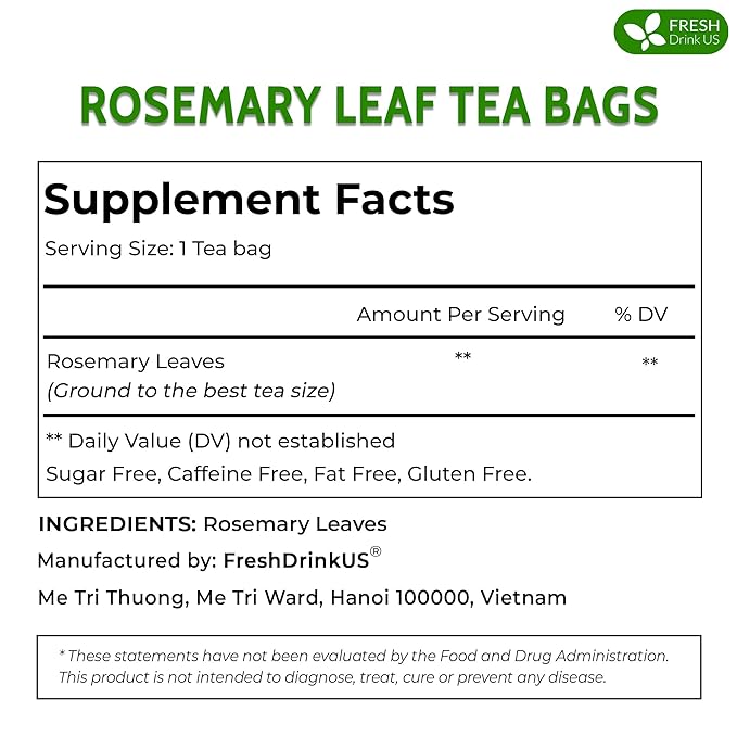 FreshDrinkUS, Premium 100 Rosemary Leaf Tea Bags, Made with 100% Natural Rosemary Dried Leaves, Pure Herbal Tea, No Additives, No Caffeine, No Gluten, Vegan.