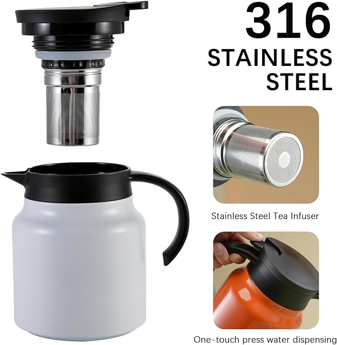 27 oz Single Stainless Steel Thermal Coffee Carafe, Double Wall Vacuum Insulated Creamer Container, Beverage Dispenser for Milk and Hot Chocolate, Tea Pot. (White)