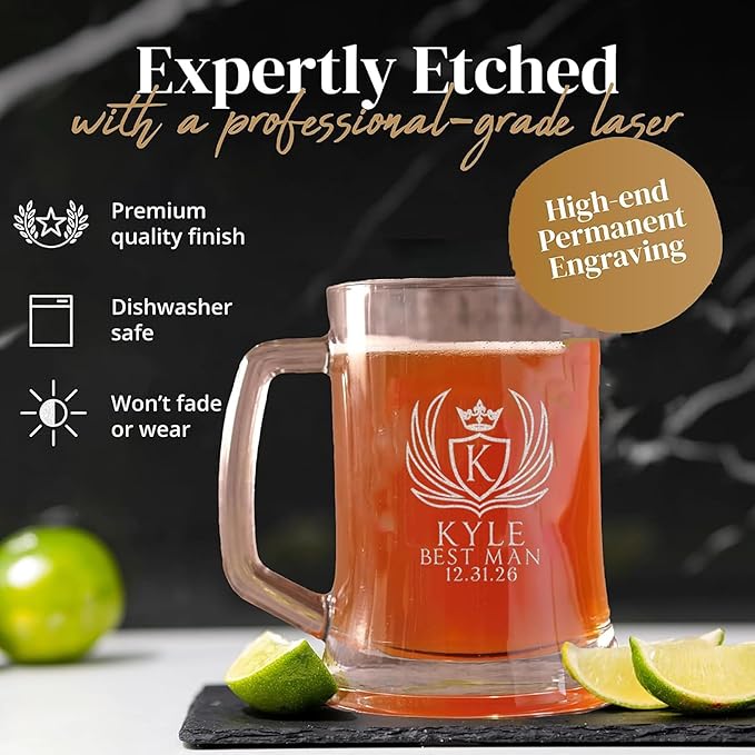 Personalized Groomsmen Gift, 17oz Beer Glass with Handle, Custom Beer Mug Best Man with Etched Name, Engraved Gifts for Wedding Favors, Best Man Proposal Gifts, Bachelor Party