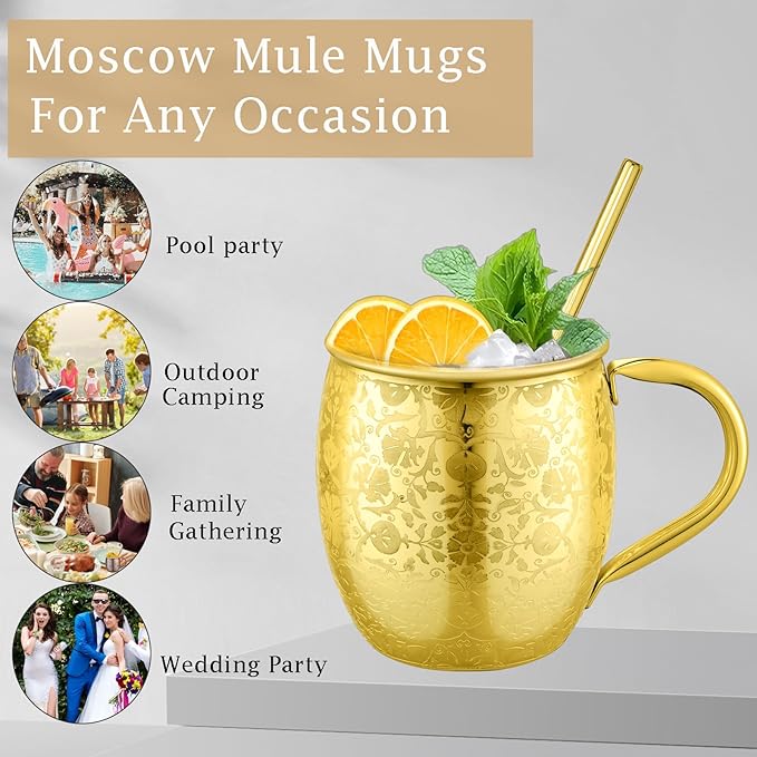Moscow Mule MugsSet of 2-18 Oz Copper-Plated Fine Craftsmanship Etched Mugs,304 Stainless Steel-Lined Mule Cups,For Cold Drinks, Beer, Wine, Bars, Parties