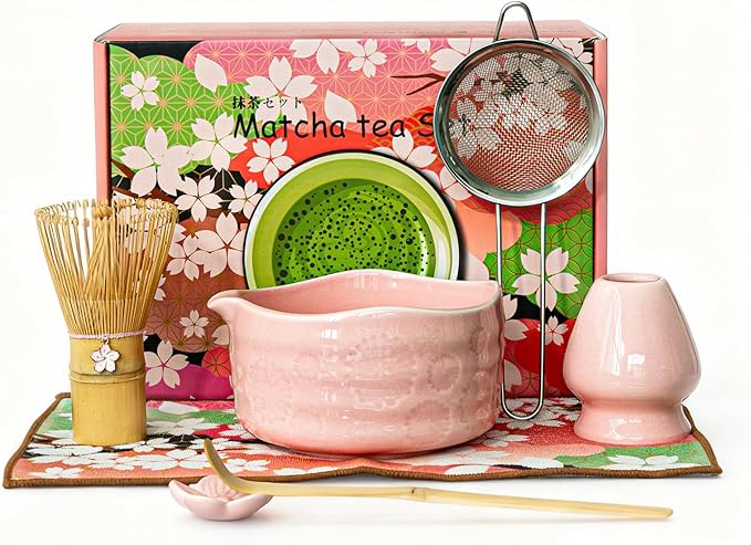 Matcha Whisk Set––7pcs Japanese Matcha Set Kit with Matcha Bowl, Bamboo Whisk, Whisk Holder, Scoop, Towel&Sifter–Perfect for Matcha Lovers&Tea Ceremonies-Daisy Pink
