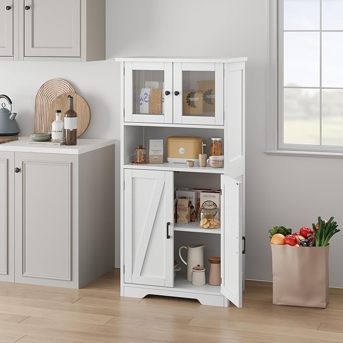 Storage Cabinets, 54 Inch Tall Hutch Bar Cabinet with Glass Doors and Adjustable Shelves, Wooden Kitchen Pantry Storage Cabinet, for Living Room,Rustic Brown