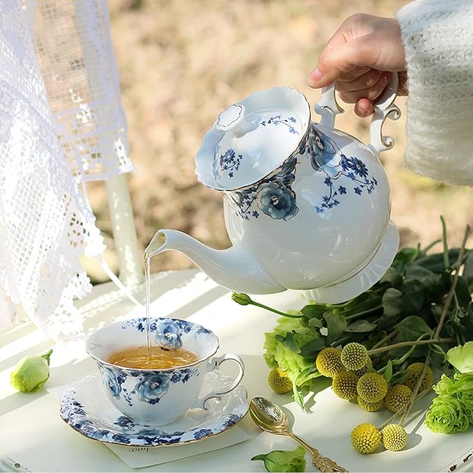 Bone China Tea Cups and Saucers, Vintage Teacups and Saucers for Women Tea Party (Blue B)