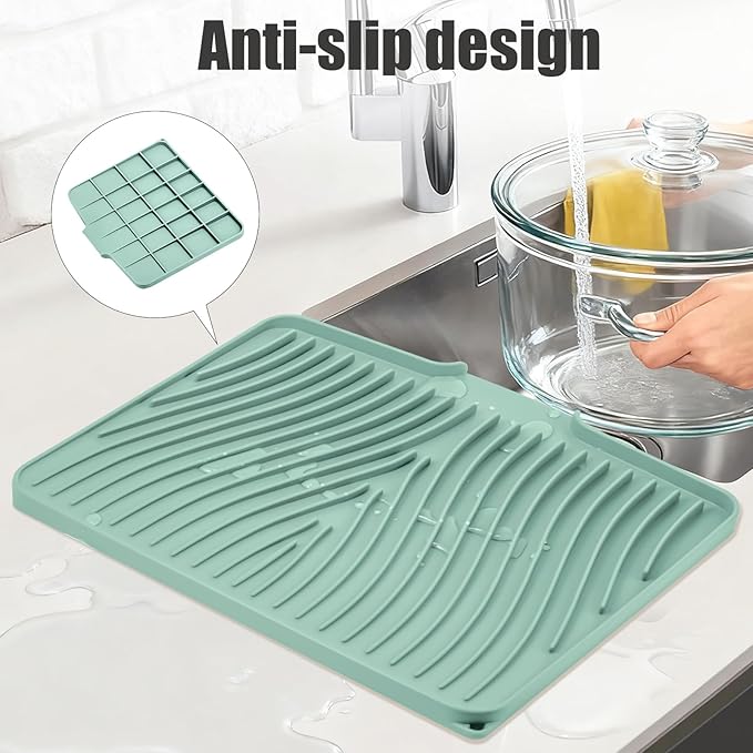 Silicone Dish Drying Mat for Kitchen Counter, Dish Drying Pad, Non-Slip Drain Pad with Built-in Drain, Heat Resistant Stone Drying Mat(15.8" x 13", Mint)