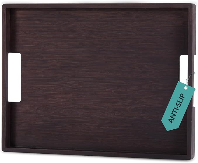 DETOR Serving Tray 17" x 13", Innovative Anti-Slip Coating, Mahogany Bamboo Finish, Solid Bamboo Board, Decorative & Ottoman Tray for Food, Drinks, and Home Décor