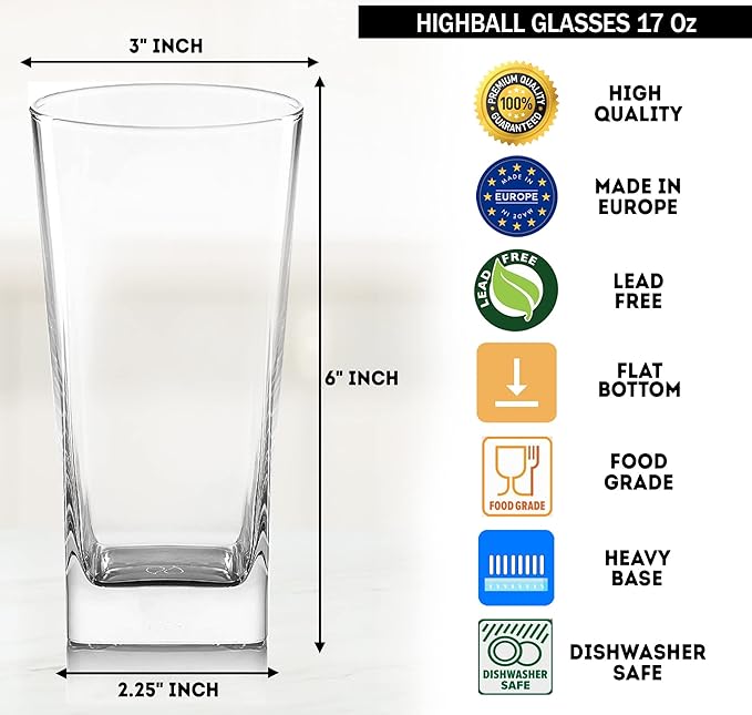 Highball Glasses [Set of 4] + 4 Stainless Steel Straws, 16 oz Lead-Free Crystal Clear Glass, Elegant Drinking Cups for Water, Wine, Beer, Cocktails and Mixed Drinks - Round Top, Square Bottom