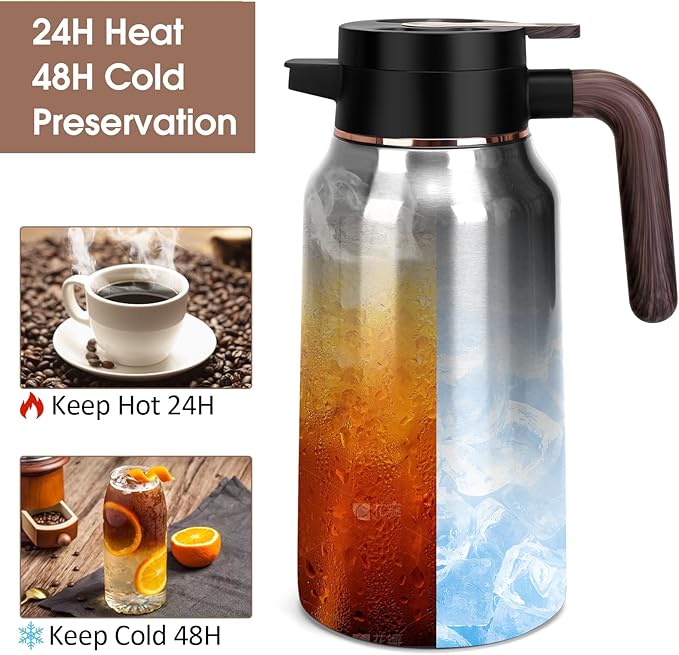 68oz Thermal Coffee Carafe, Stainless Steel Carafes for Hot Liquids 24 Hours, Insulated Coffee Carafes For Keeping Hot Coffee, Hot Water, Tea, Hot Beverage (2 Pack Silver)