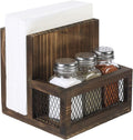 FARM IN Napkin Holder, Farmhouse Multifunctional Napkin Holder with Salt and Pepper Shakers Holder for Home Kitchen Table Centerpiece and Commercial, Rustic Solid Burnt Wood & Diamond Metal Wire Mesh
