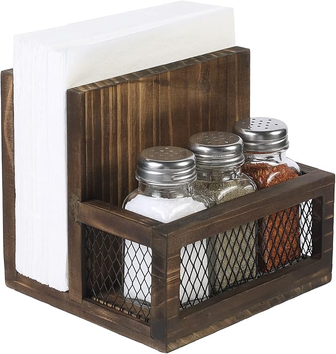 FARM IN Napkin Holder, Farmhouse Multifunctional Napkin Holder with Salt and Pepper Shakers Holder for Home Kitchen Table Centerpiece and Commercial, Rustic Solid Burnt Wood & Diamond Metal Wire Mesh