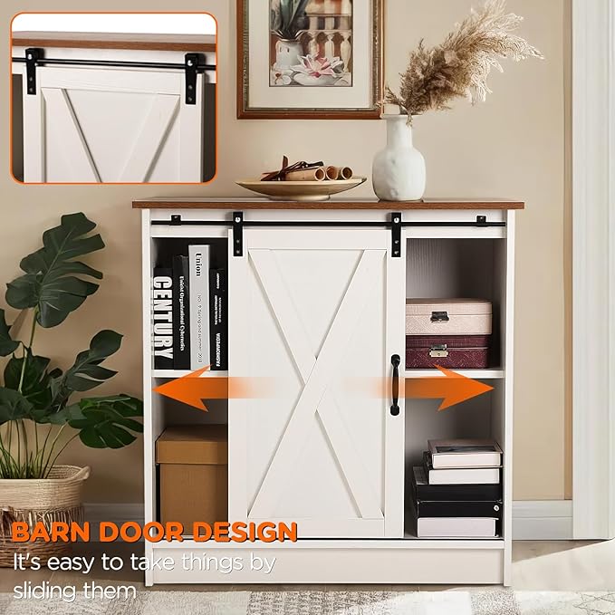 White Coffee Bar Cabinet with Storage, Farmhouse Coffee Bar Cabinet, Coffee Bar Table with Sliding Barn Door, Coffee Bar & Adjustable Shelves, for Kitchen, Dining Room, Living Room