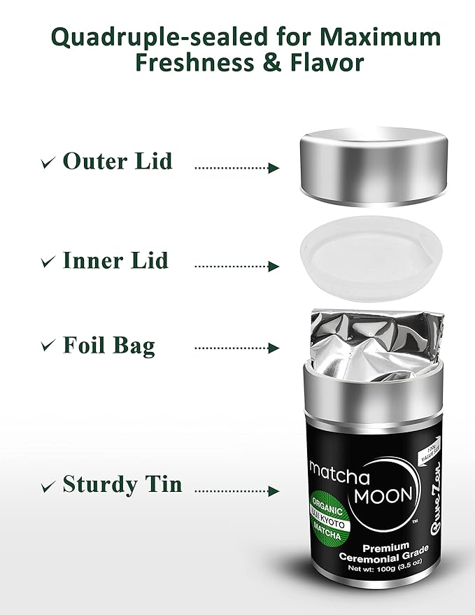 Matcha Moon Ceremonial Grade Matcha Green Tea Powder - Best For Traditionally Whisked Tea - Organic Matcha Green Powder - Pure Zen - Value Size 100g Tin