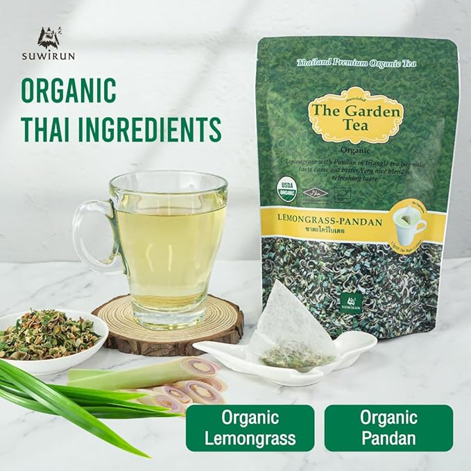 Suwirun Organic Lemongrass & Pandan Tea 25 Bags – Product of Thailand – Aromatic Thai Herbal Blend, Caffeine-Free, No Calories, Natural Fragrance, Brew Hot or Cold