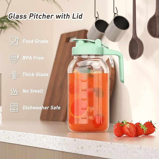 64 oz Glass Pitcher with Lid, Large Wide Mouth Mason Jar with Pour Spout, Green Sun Tea Glass Jar for Outside, Drink Pitcher Great for Drink, Cold Beverages and Breast Milk
