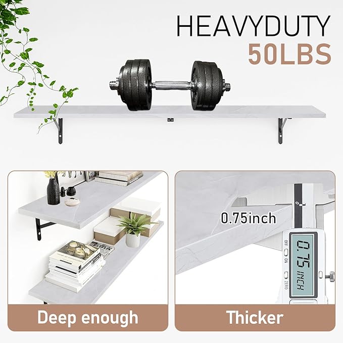 Kaboon 55 inch Long 10 inch Deep Floating Shelves for Wall Set of 2, Large Open Shelves Wall Mounted, Space Saving Home and Commercial Use, White Rock