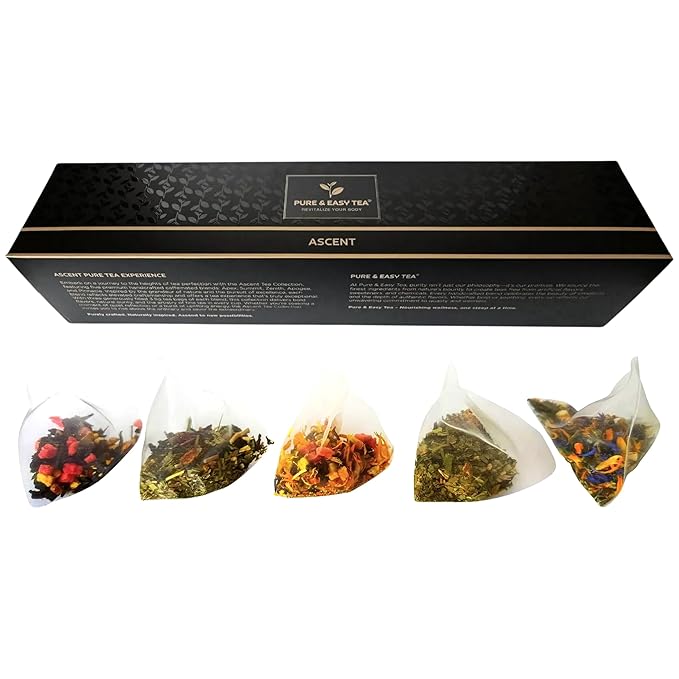 Pure And Easy Tea, Ascent Premium Tea Sampler, 15-Count Variety with 5 Caffeinated Blends, Whole-Leaf Tea in BPA-Free Plant-Based Pyramid Bags, Gift Box (52.5g)