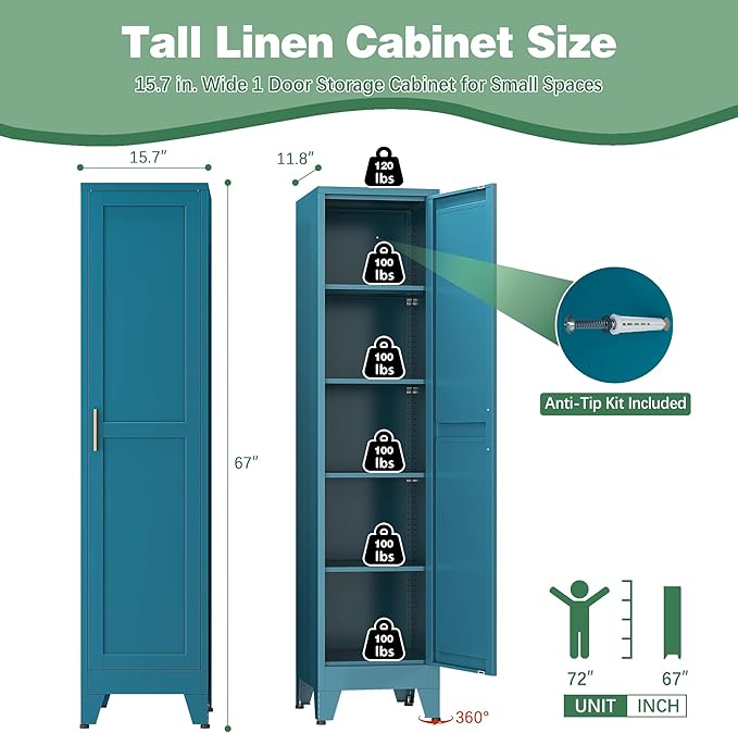 Tall Bathroom Storage Cabinet, 67" Narrow Metal Cabinets with One Door, Freestanding Tall Linen Cabinet, Skinny Metal Storage Locker for Home Office, Living Room