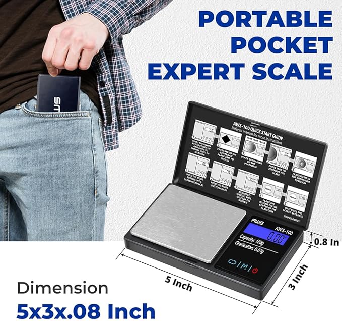 Series Digital Pocket Weight Scale, Stainless-Steel Backlit LCD 100g x 0.01g, (Black), AWS-100-Black - AMERICAN WEIGH SCALES