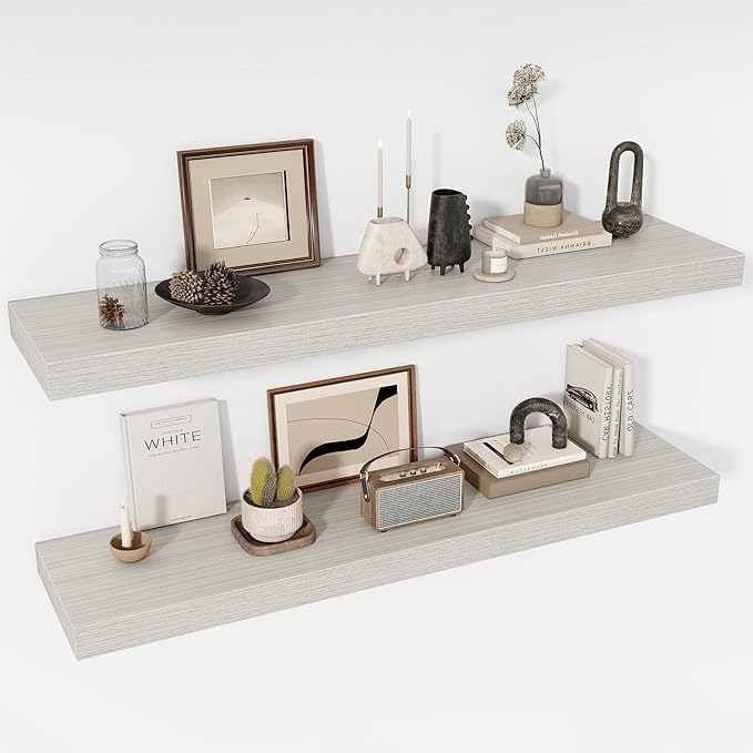 48 Inch Floating Shelves, 12" Deep Floating Shelf Wall Mounted, 48" Wall Shelves, Rustic Deep Bookshelf, Extra Deeper & Thicker Display Shelves for Bedroom, Living Room, Gray, Set of 2