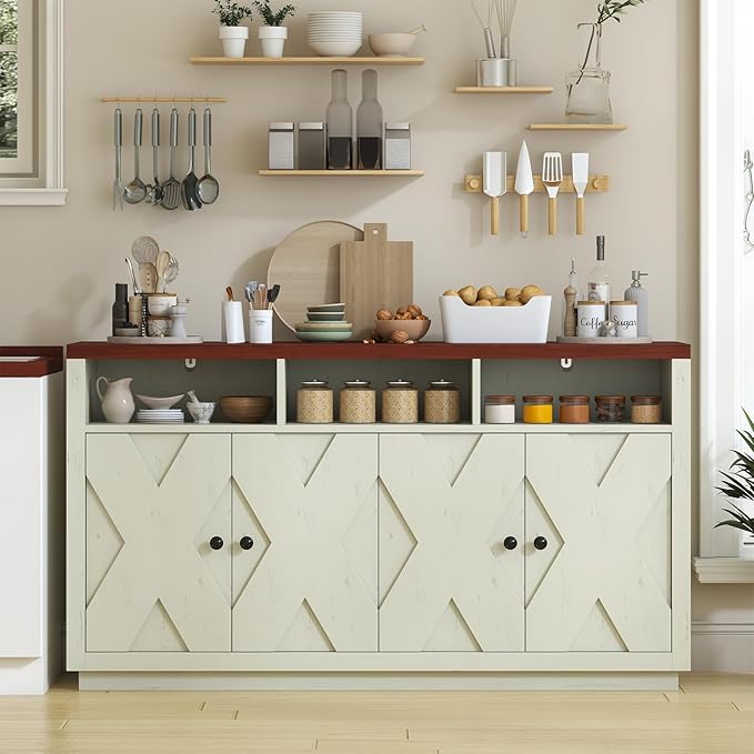 60” Large Sideboard Buffet Cabinet with Storage, Farmhouse Kitchen Buffet Cabinet with Adjustable Shelves and 4 Barn Doors, Wood Coffee Bar Storage Cabinet for Kitchen, Dining Room, Rustic White