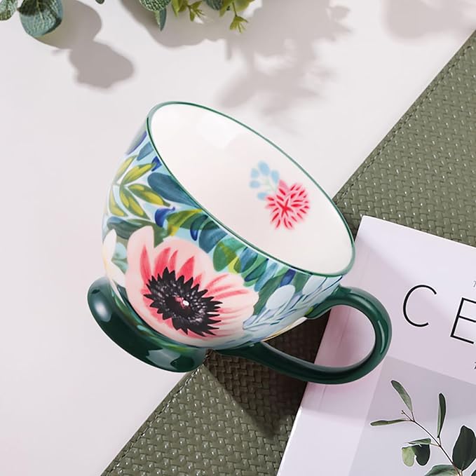 Autumn Handmade Large Ceramic Coffee Mug (20oz) Cute Cereal Vintage Flower Mugs Cozy Fall Gift Cup for Breakfast Oatmeal Tea & Hot Drinks with Floral Design