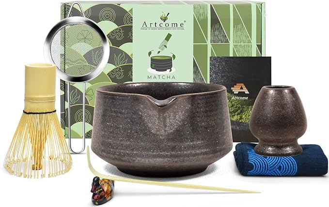 Artcome Matcha Tool Set - Complete Kit with Matcha Bowl with Spout, Bamboo Whisk, Tea Scoop, Whisk Holder, Scoop Holder, Tea Cloth & Powder Strainer, Antique Finish