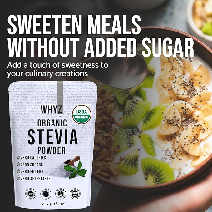 WHYZ Organic Stevia Powder, 1621 Servings, Premium Zero Calorie Sweetener - Powdered Pure Stevia Extract, Natural Sweetener Powder for Baking - No Aftertaste, Non-GMO, Keto Friendly- 8 oz