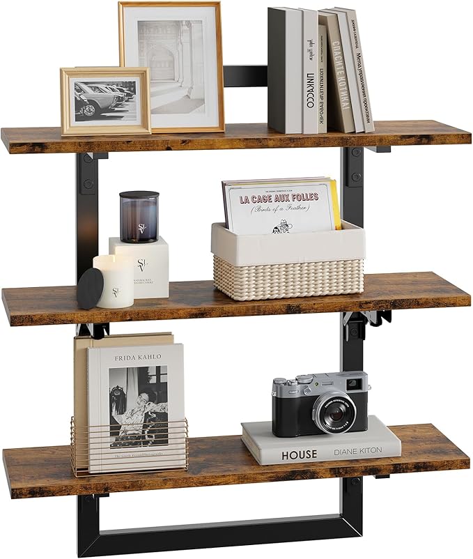 Bestier Floating Shelves for Wall, 24 inch Kitchen Shelves Wall Mounted, 3 Tier Coffee Bar Shelf with Foldable Brackets, Industrial Display Shelf for Bathroom, Living Room, Rustic Brown
