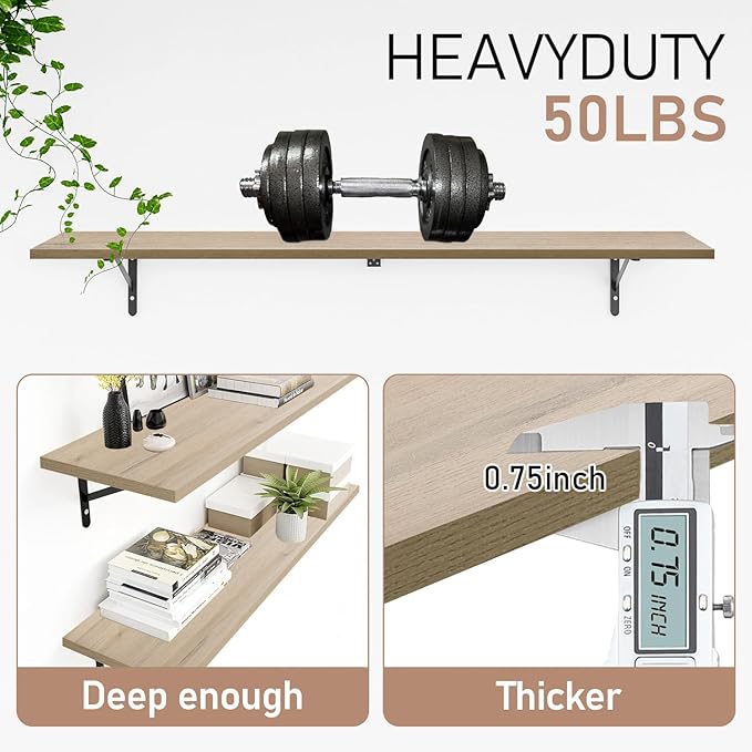 Kaboon 45 inch Long 10 inch Deep Floating Shelves for Wall Set of 2, Large Open Shelves Wall Mounted, Space Saving Home and Commercial Use,Oak/Grey Tone