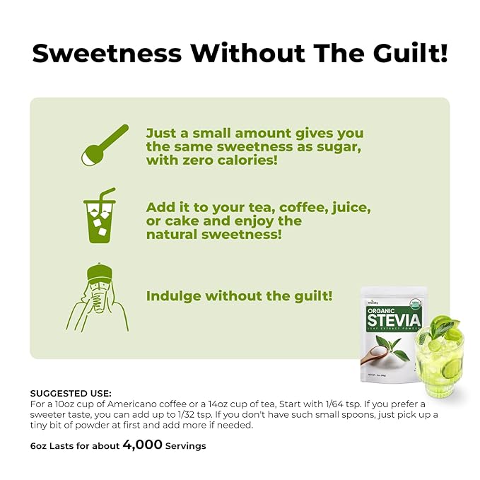 Viccoky Organic Stevia Powder 6oz (171g), Pure Stevia Extract Powder, Sugar-Free & 0 Calories, No Additives, Sugar Substitute, Natural Sweetener