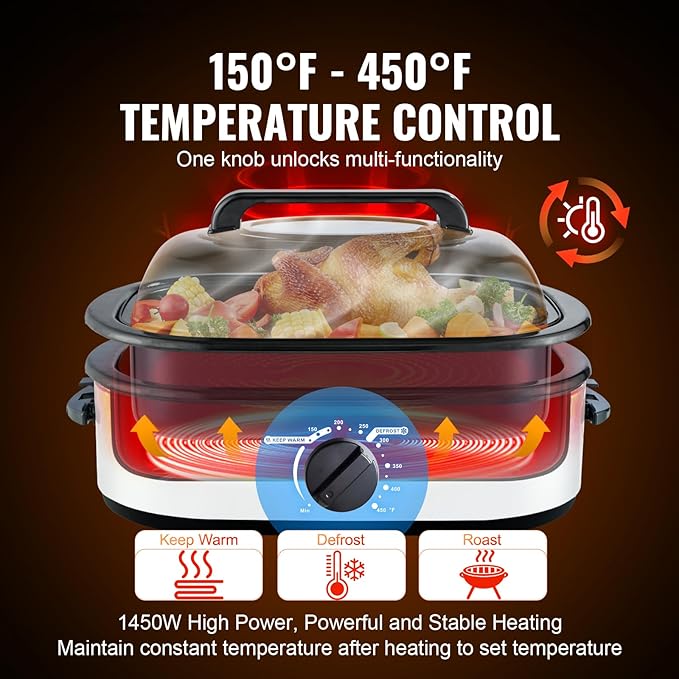 VEVOR Electric Roaster Oven, 22 QT Turkey Roaster with Self-Basting Lid, 1450W Roaster with Defrost & Warm Function, Adjustable Temp, Removable Pan & Rack, Fits Turkeys Up to 26LBS, White