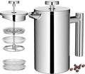 Miuly 21OZ French Press Coffee Maker 600ML Stainless Steel Coffee Press with 3 Level Filtration System, Double Wall Insulated French Press with 2 Filters, Silver